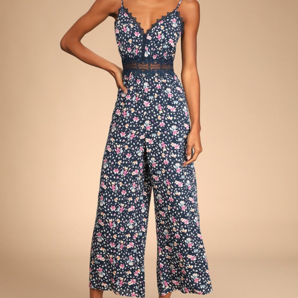 Lulus Bloom Appeal Navy Blue Floral Print Culotte Jumpsuit - Size L